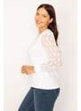 Şans Women's Plus Size White V-Neck Blouse with Lace Collar And Sleeves