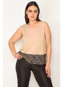 Şans Women's Plus Size Beige Sleeveless Blouse with Garnish Detail