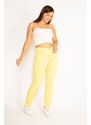 Şans Women's Plus Size Yellow Lycra Gabardine Fabric 5-Pocket Trousers with Elastic Side Belt