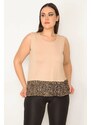 Şans Women's Plus Size Beige Sleeveless Blouse with Garnish Detail