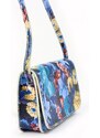 VERA PELLE Barebag Kožená modrozelená dámská podélná crossbody kabelka v motivu květů