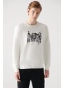 Avva Men's White Crew Neck 3 Thread Fleece Hologram Printed Regular Fit Sweatshirt