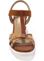 Blancheporte Kožené sandály se vzorem hadí kůže, na klínovém podpatku karamelová 38