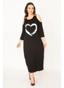 Şans Women's Plus Size Black Decollete Decollete Front Printed Dress
