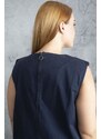 Şans Women's Plus Size Navy Blue Contrast Stitching Detail Pocket Gabardine Fabric Dress