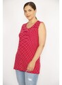 Şans Women's Red Plus Size Sleeveless Striped Lycra Viscose Blouse