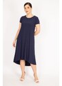 Şans Women's Navy Blue Plus Size Crew Neck Long Short Sleeve Back Dress