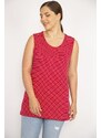 Şans Women's Red Plus Size Sleeveless Striped Lycra Viscose Blouse