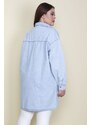 Şans Women's Plus Size Blue Loose Fit Oversized Denim Tunic Jacket with Snap Buttons