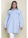 Şans Women's Plus Size Blue Loose Fit Oversized Denim Tunic Jacket with Snap Buttons