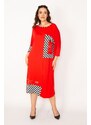 Şans Women's Plus Size Red Stone Detailed Line Garnish Dress
