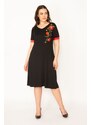 Şans Women's Plus Size Black Embroidery Detailed Sleeve Cuff Satin V-Neck Dress