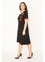 Şans Women's Plus Size Black Embroidery Detailed Sleeve Cuff Satin V-Neck Dress