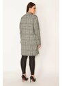 Şans Women's Plus Size Gray Plaid Patterned Unlined Front Buttoned Long Jacket with Pocket