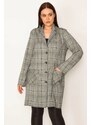 Şans Women's Plus Size Gray Plaid Patterned Unlined Front Buttoned Long Jacket with Pocket