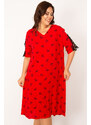 Şans Women's Plus Size Red Woven Viscose Dress With V-Neck Lace Detail