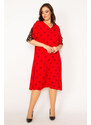 Şans Women's Plus Size Red Woven Viscose Dress With V-Neck Lace Detail