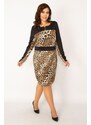 Şans Women's Plus Size Leopard Scuba Fabric Front Half Zippered Leopard Pattern Dress