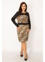 Şans Women's Plus Size Leopard Scuba Fabric Front Half Zippered Leopard Pattern Dress