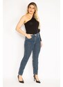 Şans Women's Plus Size Navy Blue 5-Pocket Jeans with Stone Detailed Back Pocket