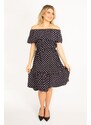 Şans Women's Navy Blue Point Pattern Woven Viscose Fabric Dress With Elastic And Flywheel Detail On The Collar