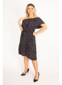 Şans Women's Navy Blue Point Pattern Woven Viscose Fabric Dress With Elastic And Flywheel Detail On The Collar