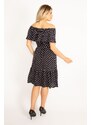 Şans Women's Navy Blue Point Pattern Woven Viscose Fabric Dress With Elastic And Flywheel Detail On The Collar