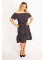 Şans Women's Navy Blue Point Pattern Woven Viscose Fabric Dress With Elastic And Flywheel Detail On The Collar