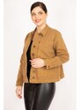 Şans Women's Tan Large Size Gabardine Fabric Front Buttoned Zipper and Pocket Detailed Coat