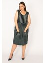 Şans Women's Plus Size Khaki Stripe Combined Pocket Dress