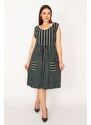 Şans Women's Plus Size Khaki Stripe Combined Pocket Dress