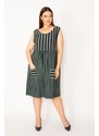 Şans Women's Plus Size Khaki Stripe Combined Pocket Dress