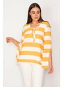Şans Women's Plus Size Yellow Collar Striped Blouse with Eyelets and Lace-Up Detail with a Sleeve Slit