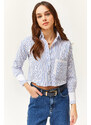 Olalook Women's White Saxe Blue Pocket and Cuff Detail Striped Crop Shirt