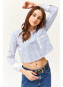 Olalook Women's White Saxe Blue Pocket and Cuff Detail Striped Crop Shirt