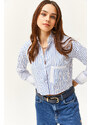 Olalook Women's White Saxe Blue Pocket and Cuff Detail Striped Crop Shirt