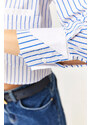 Olalook Women's White Saxe Blue Pocket and Cuff Detail Striped Crop Shirt