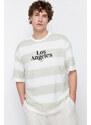 Trendyol Stone Oversize Striped City Printed 100% Cotton T-Shirt