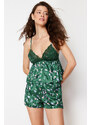 Trendyol Green Satin Floral Lace Detailed Athlete-Shorts Woven Pajamas Set