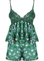 Trendyol Green Satin Floral Lace Detailed Athlete-Shorts Woven Pajamas Set