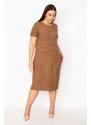 Şans Women's Plus Size Brown and Milky Striped Dress with Pocket