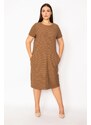 Şans Women's Plus Size Brown and Milky Striped Dress with Pocket