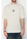 Trendyol Stone Oversize Deer Embroidery 100% Cotton T-Shirt