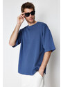 Trendyol Limited Edition Indigo Oversize 100% Cotton Labeled Textured Basic Thick T-Shirt