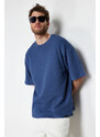 Trendyol Limited Edition Indigo Oversize 100% Cotton Labeled Textured Basic Thick T-Shirt