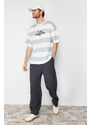 Trendyol Gray Oversize Striped City Printed 100% Cotton T-Shirt