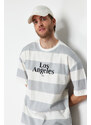 Trendyol Gray Oversize Striped City Printed 100% Cotton T-Shirt