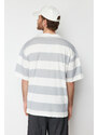 Trendyol Gray Oversize Striped City Printed 100% Cotton T-Shirt