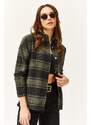 Olalook Women's Khaki Black Single Pocket Thick Plaid Lumberjack Shirt