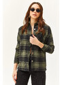 Olalook Women's Khaki Black Single Pocket Thick Plaid Lumberjack Shirt